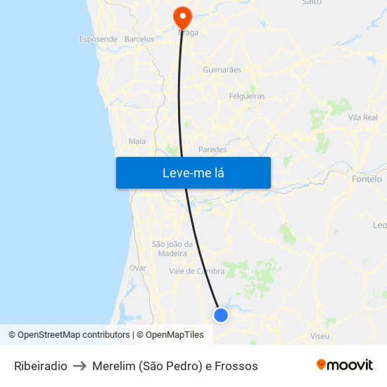 Ribeiradio to Merelim (São Pedro) e Frossos map