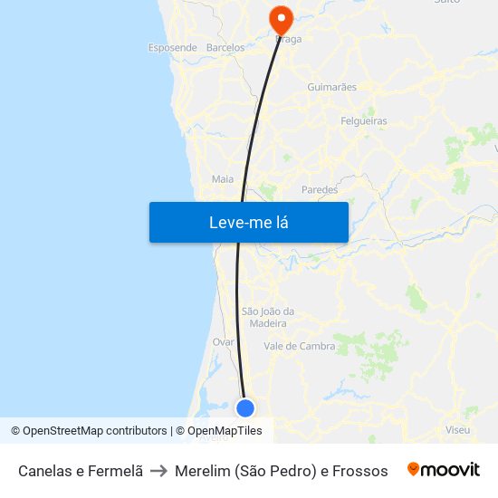 Canelas e Fermelã to Merelim (São Pedro) e Frossos map