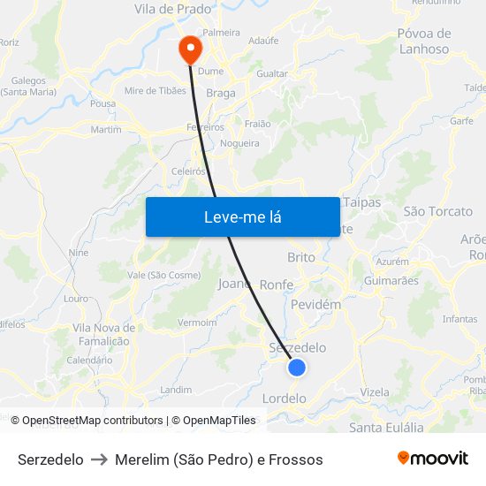 Serzedelo to Merelim (São Pedro) e Frossos map