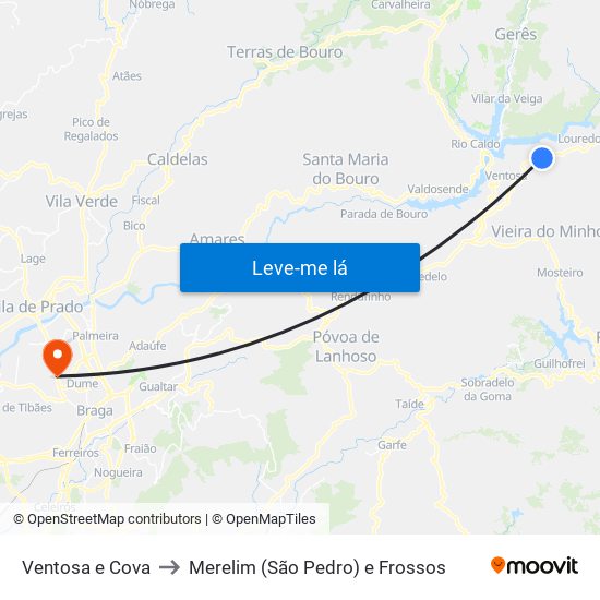 Ventosa e Cova to Merelim (São Pedro) e Frossos map