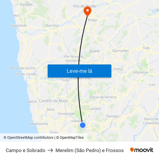 Campo e Sobrado to Merelim (São Pedro) e Frossos map