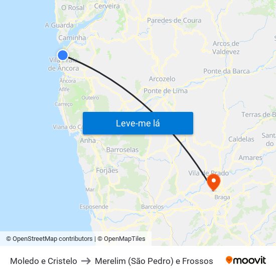 Moledo e Cristelo to Merelim (São Pedro) e Frossos map