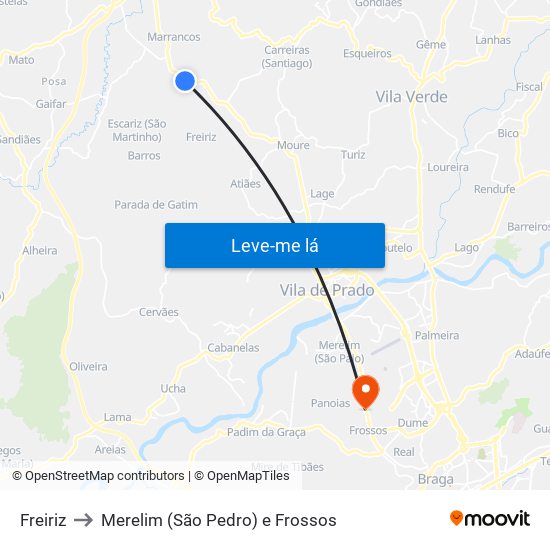 Freiriz to Merelim (São Pedro) e Frossos map