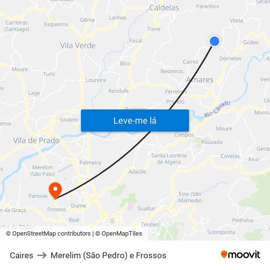 Caires to Merelim (São Pedro) e Frossos map
