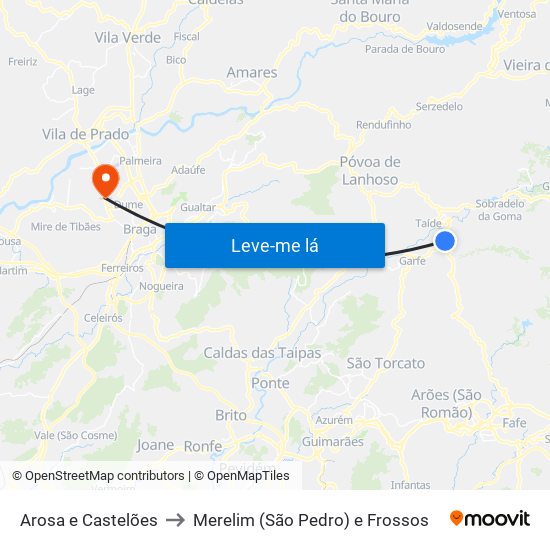 Arosa e Castelões to Merelim (São Pedro) e Frossos map