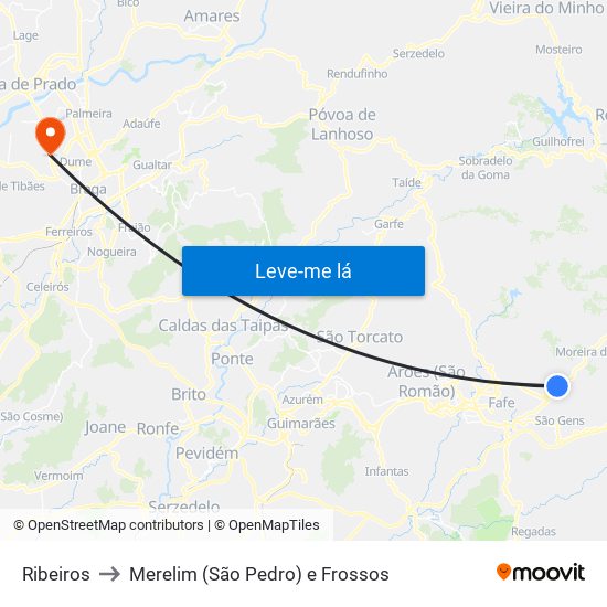 Ribeiros to Merelim (São Pedro) e Frossos map