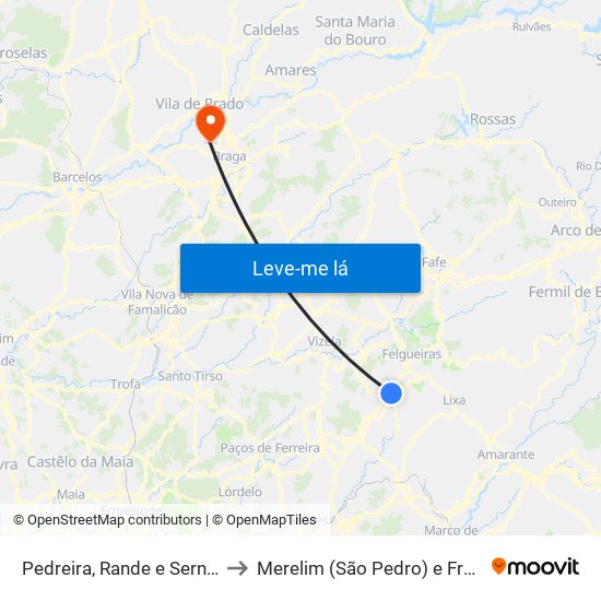 Pedreira, Rande e Sernande to Merelim (São Pedro) e Frossos map