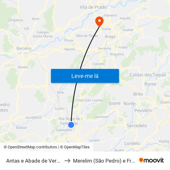Antas e Abade de Vermoim to Merelim (São Pedro) e Frossos map