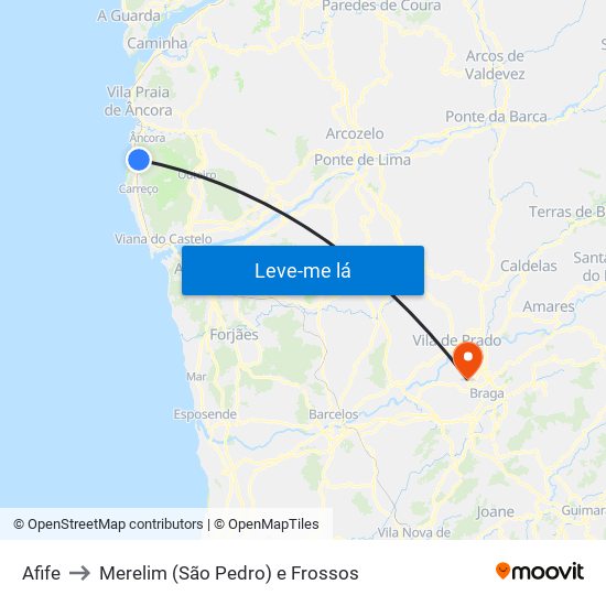 Afife to Merelim (São Pedro) e Frossos map