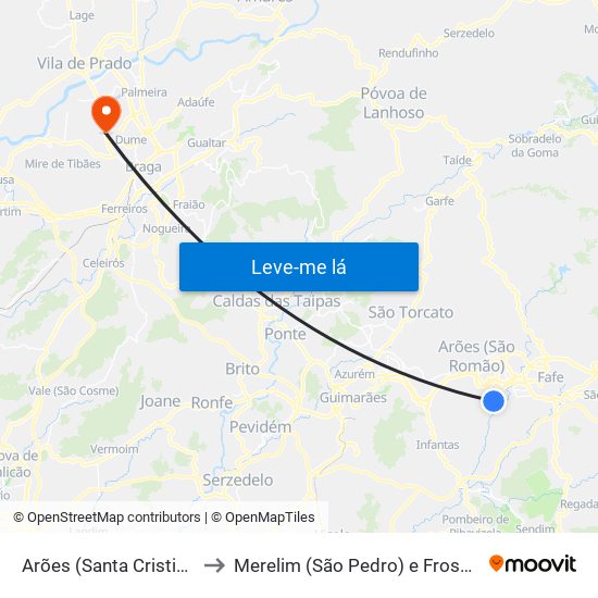 Arões (Santa Cristina) to Merelim (São Pedro) e Frossos map