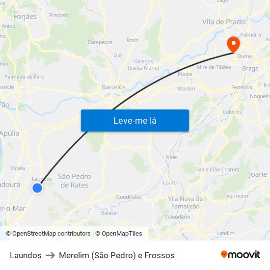 Laundos to Merelim (São Pedro) e Frossos map