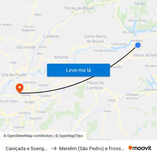 Caniçada e Soengas to Merelim (São Pedro) e Frossos map