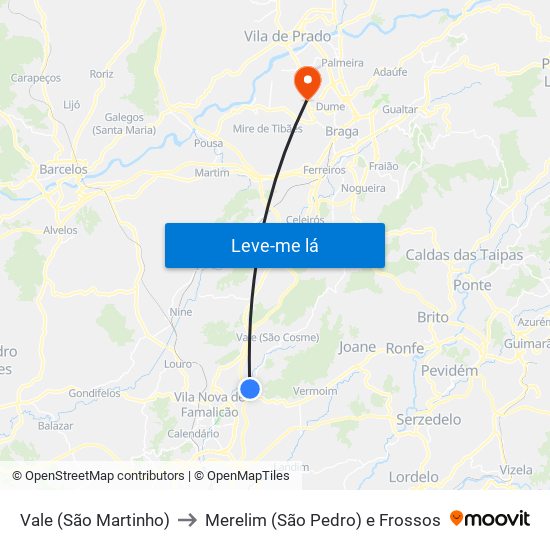Vale (São Martinho) to Merelim (São Pedro) e Frossos map