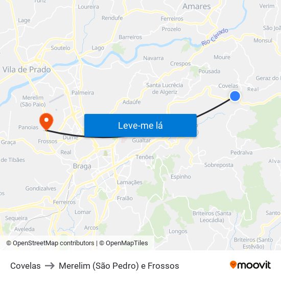 Covelas to Merelim (São Pedro) e Frossos map