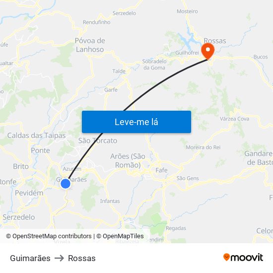 Guimarães to Rossas map