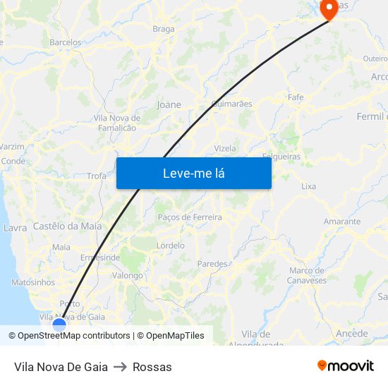 Vila Nova De Gaia to Rossas map