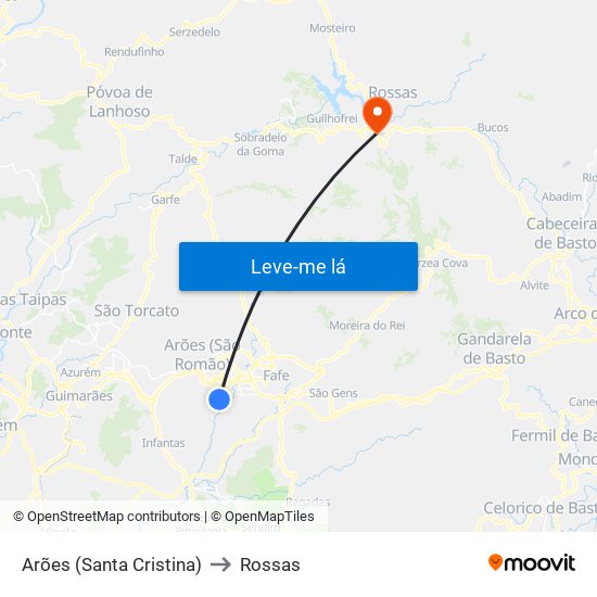 Arões (Santa Cristina) to Rossas map