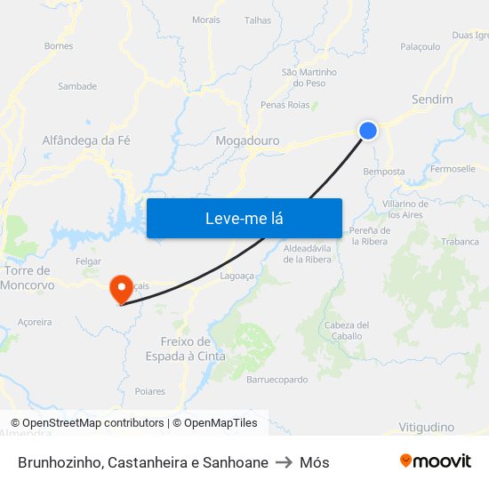 Brunhozinho, Castanheira e Sanhoane to Mós map