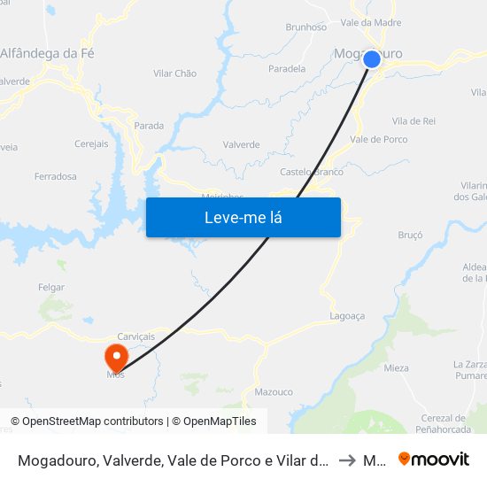Mogadouro, Valverde, Vale de Porco e Vilar de Rei to Mós map
