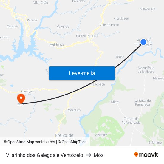 Vilarinho dos Galegos e Ventozelo to Mós map