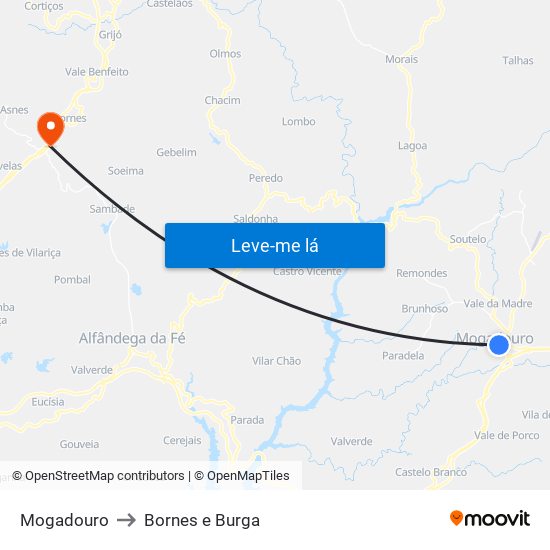 Mogadouro to Bornes e Burga map