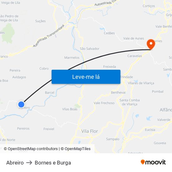 Abreiro to Bornes e Burga map