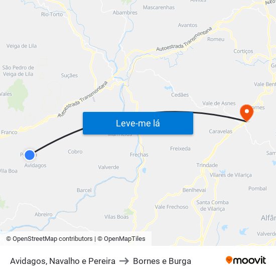 Avidagos, Navalho e Pereira to Bornes e Burga map