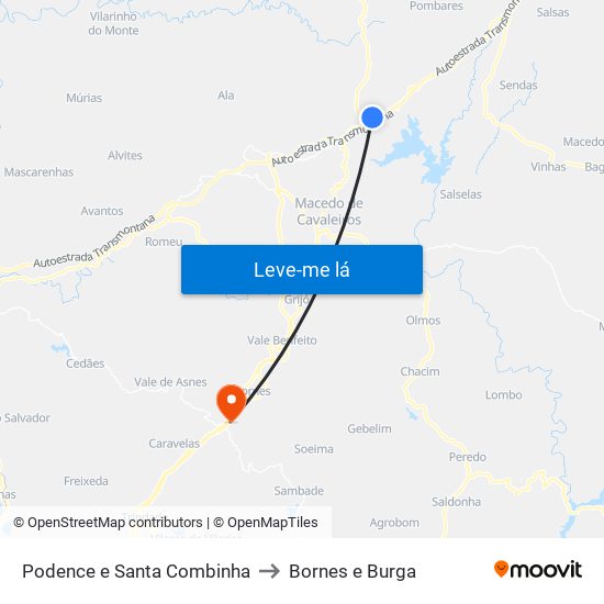 Podence e Santa Combinha to Bornes e Burga map