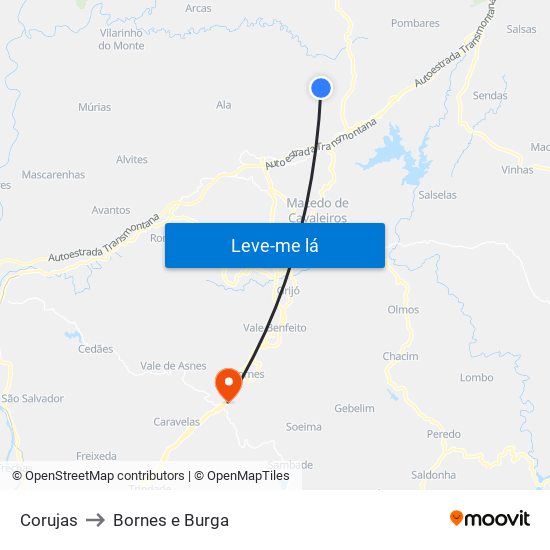 Corujas to Bornes e Burga map