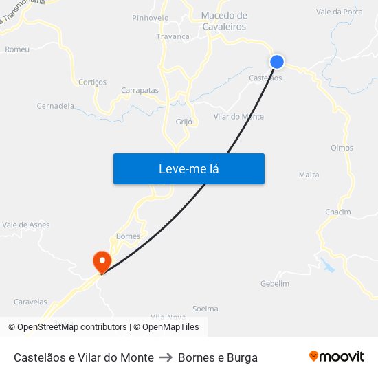 Castelãos e Vilar do Monte to Bornes e Burga map