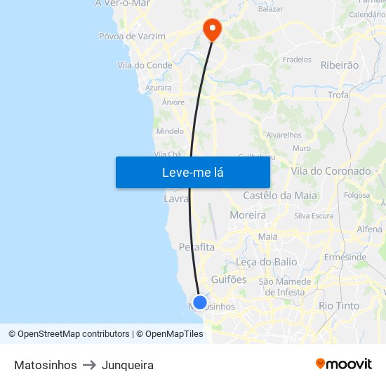 Matosinhos to Junqueira map