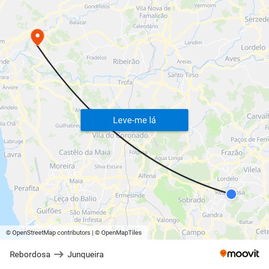 Rebordosa to Junqueira map