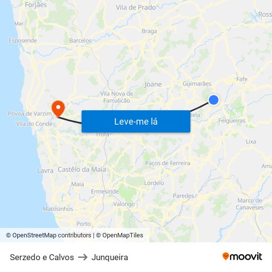 Serzedo e Calvos to Junqueira map