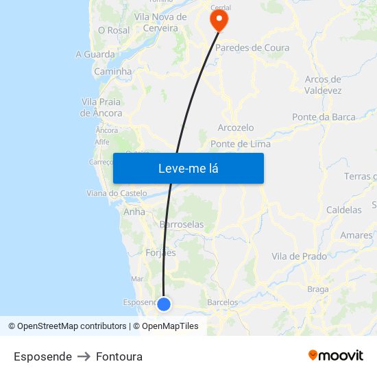 Esposende to Fontoura map