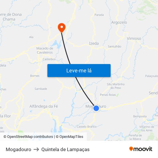 Mogadouro to Quintela de Lampaças map