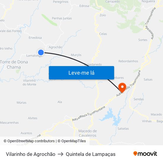 Vilarinho de Agrochão to Quintela de Lampaças map