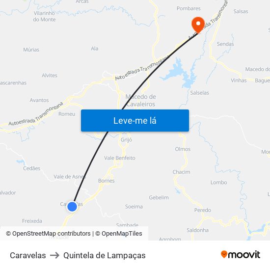 Caravelas to Quintela de Lampaças map