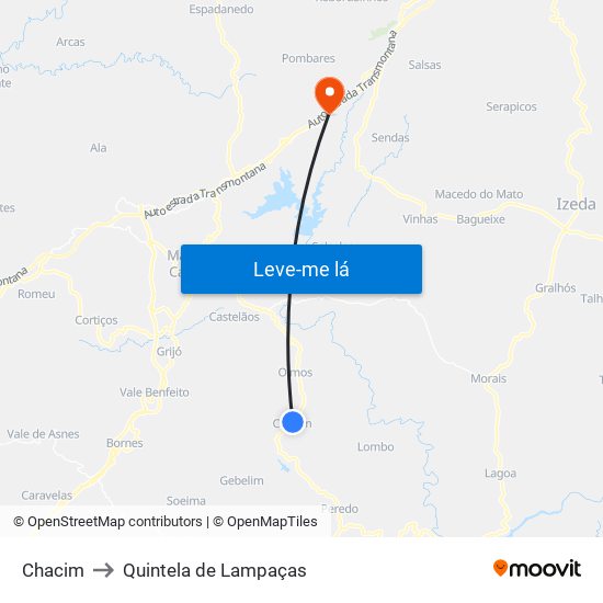 Chacim to Quintela de Lampaças map