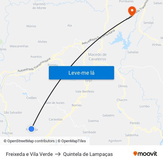 Freixeda e Vila Verde to Quintela de Lampaças map