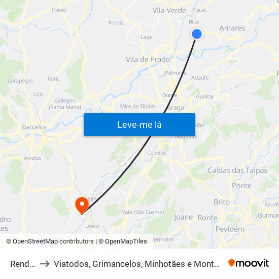 Rendufe to Viatodos, Grimancelos, Minhotães e Monte de Fralães map