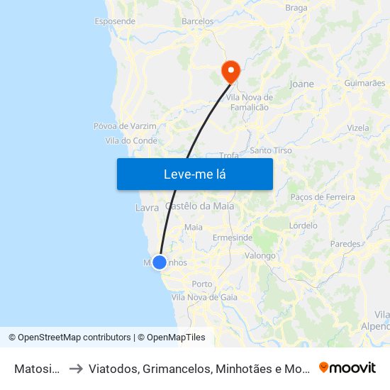 Matosinhos to Viatodos, Grimancelos, Minhotães e Monte de Fralães map