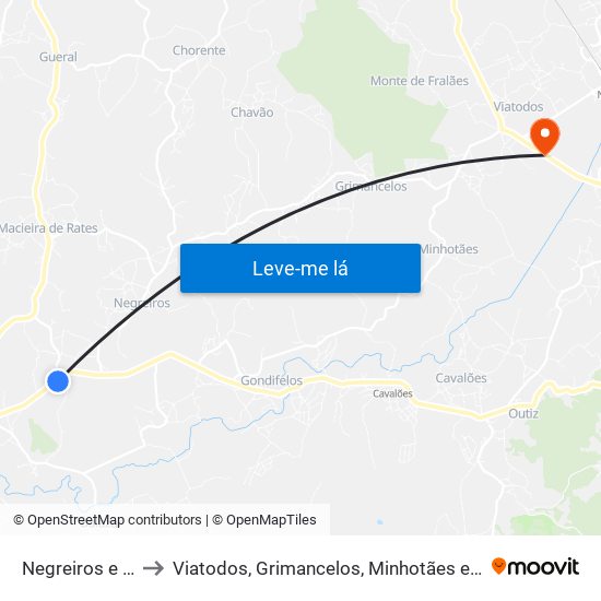 Negreiros e Chavão to Viatodos, Grimancelos, Minhotães e Monte de Fralães map