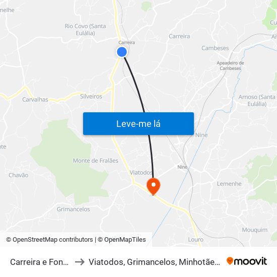 Carreira e Fonte Coberta to Viatodos, Grimancelos, Minhotães e Monte de Fralães map