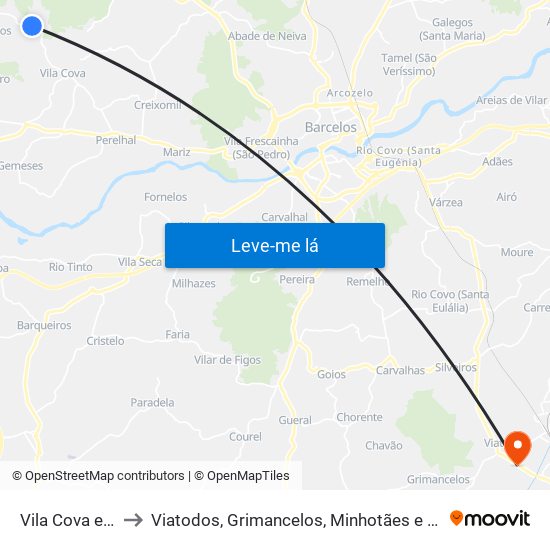 Vila Cova e Feitos to Viatodos, Grimancelos, Minhotães e Monte de Fralães map