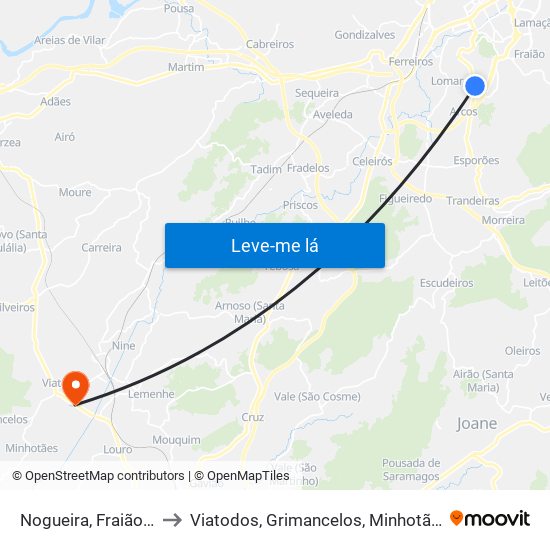 Nogueira, Fraião e Lamaçães to Viatodos, Grimancelos, Minhotães e Monte de Fralães map