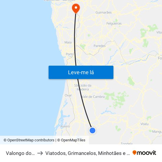 Valongo do Vouga to Viatodos, Grimancelos, Minhotães e Monte de Fralães map