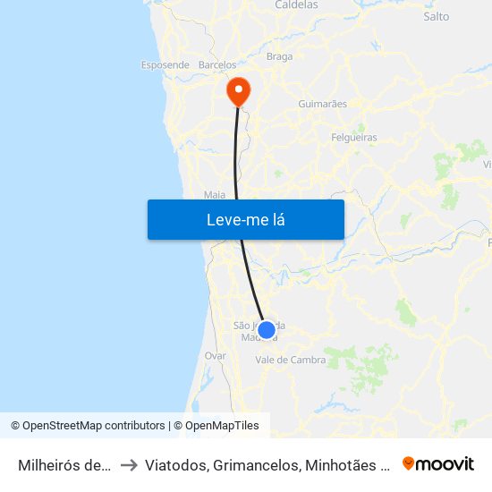 Milheirós de Poiares to Viatodos, Grimancelos, Minhotães e Monte de Fralães map