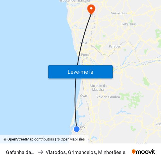 Gafanha da Nazaré to Viatodos, Grimancelos, Minhotães e Monte de Fralães map
