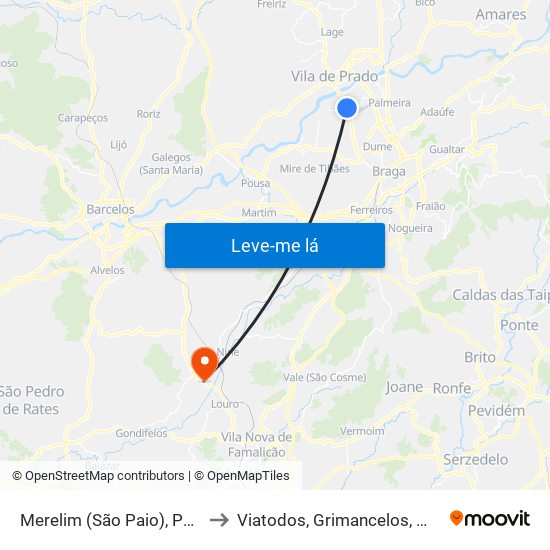 Merelim (São Paio), Panoias e Parada de Tibães to Viatodos, Grimancelos, Minhotães e Monte de Fralães map