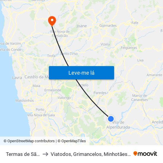 Termas de São Vicente to Viatodos, Grimancelos, Minhotães e Monte de Fralães map